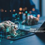 Humans are using laptops and computers to interact with AI, helping them create, code, train AI, or analyze big data with fast, cutting-edge  technology.